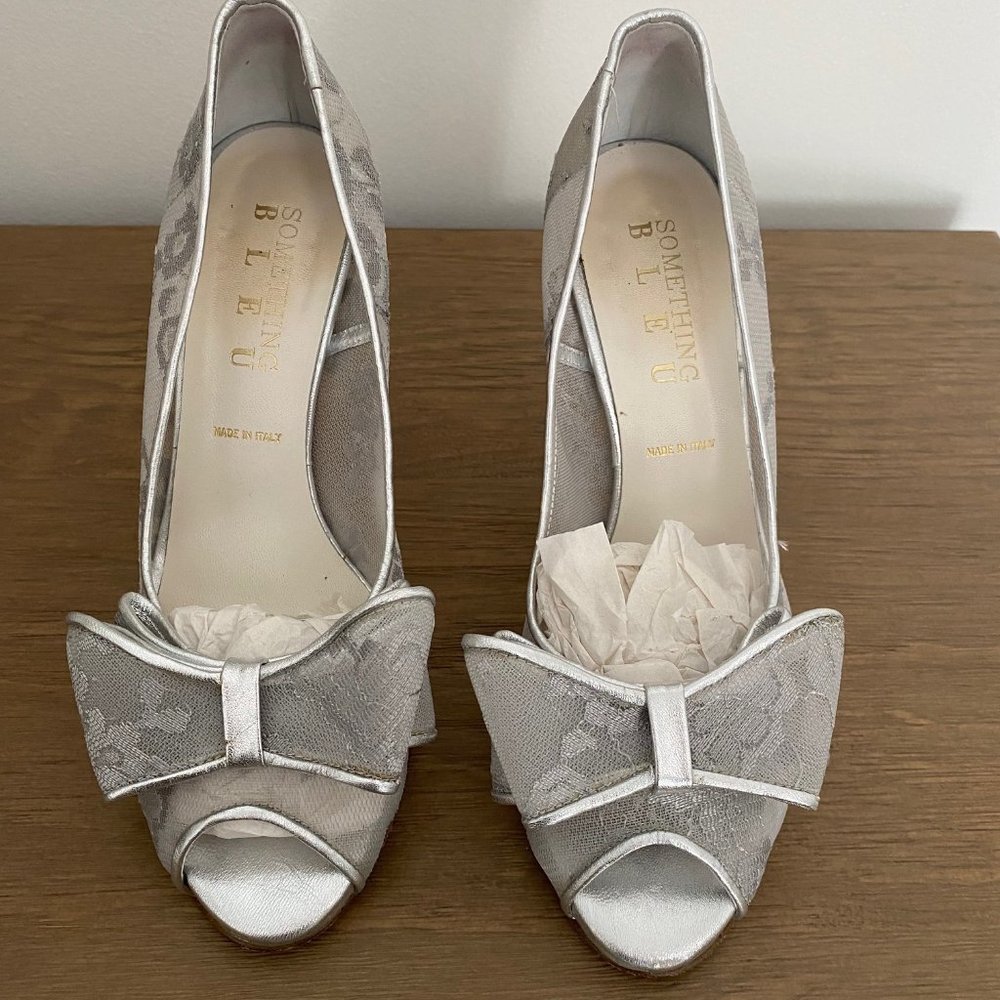 Something Bleu Silver Lace Peep Toe Pumps with Bows